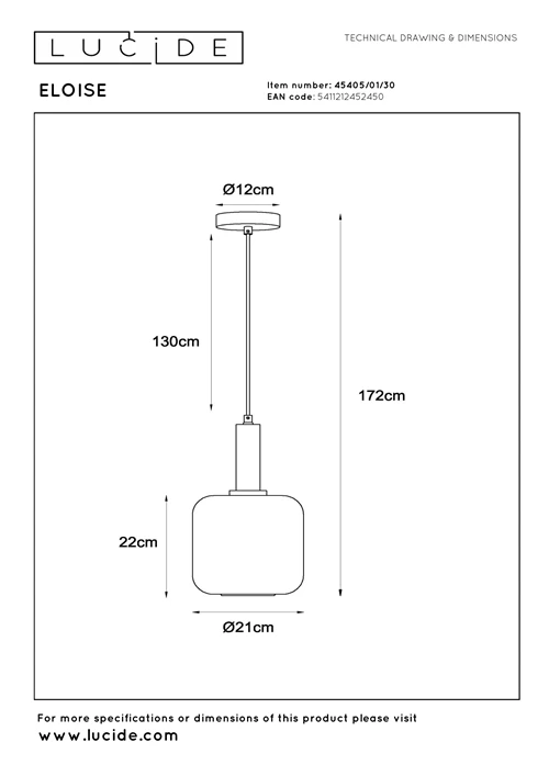 Lucide ELOISE - Hanglamp - Ø 21 cm - 1xE27 - Zwart - technisch